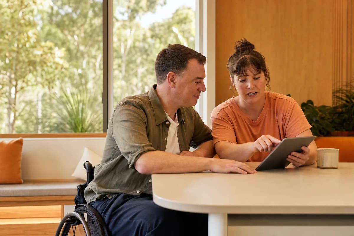 Two adults review support options together in an accessible community space.